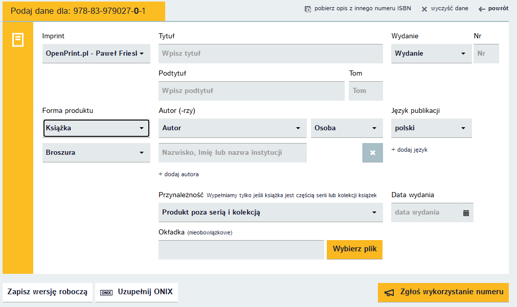 Formularz dodawania nowej publikacji w e-ISBN