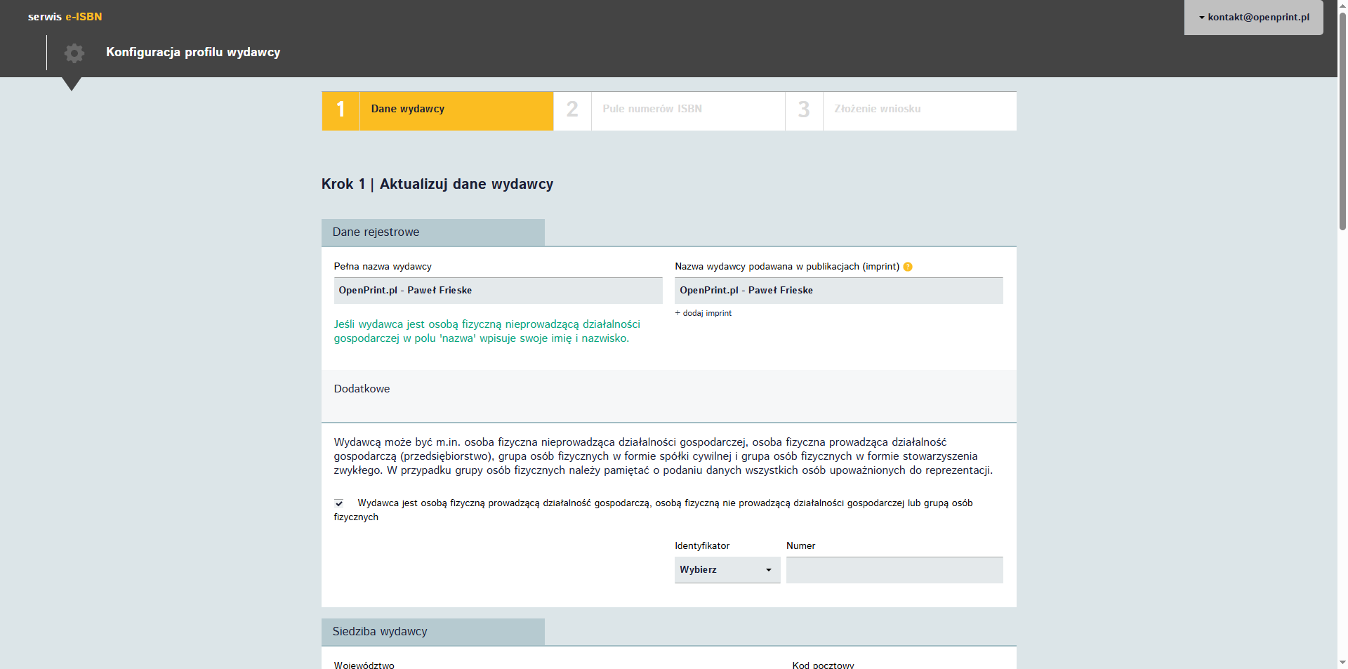 Formularz rejestracji w serwisie e-ISBN